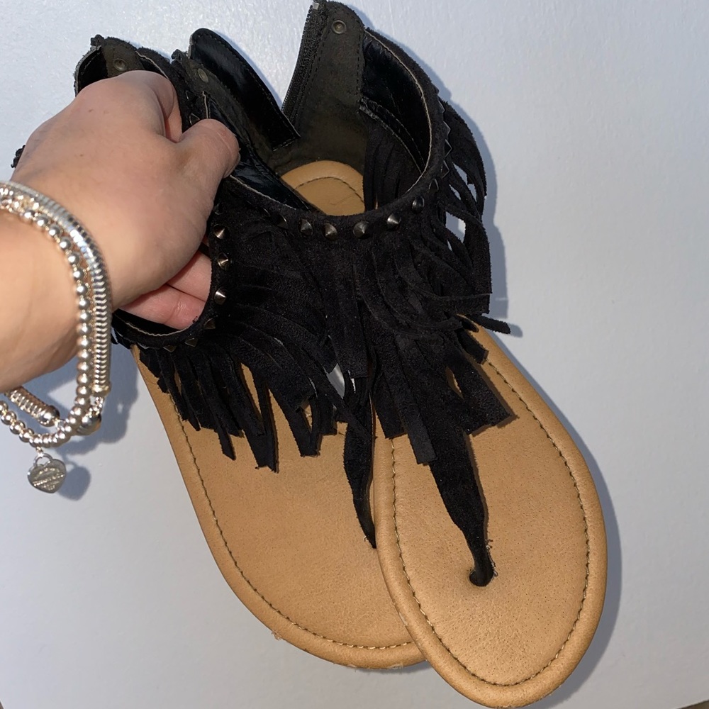 Black Suede Studded/Fringe Sandals